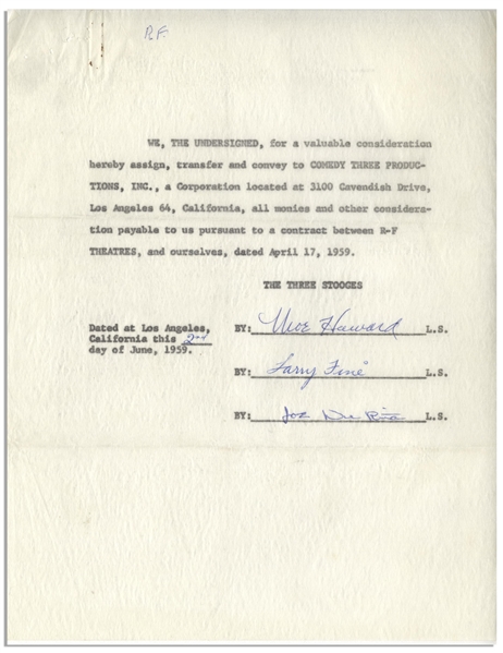 The Three Stooges Signed Agreement From 1959 -- Signed by Moe Howard, Larry Fine & Joe DeRita